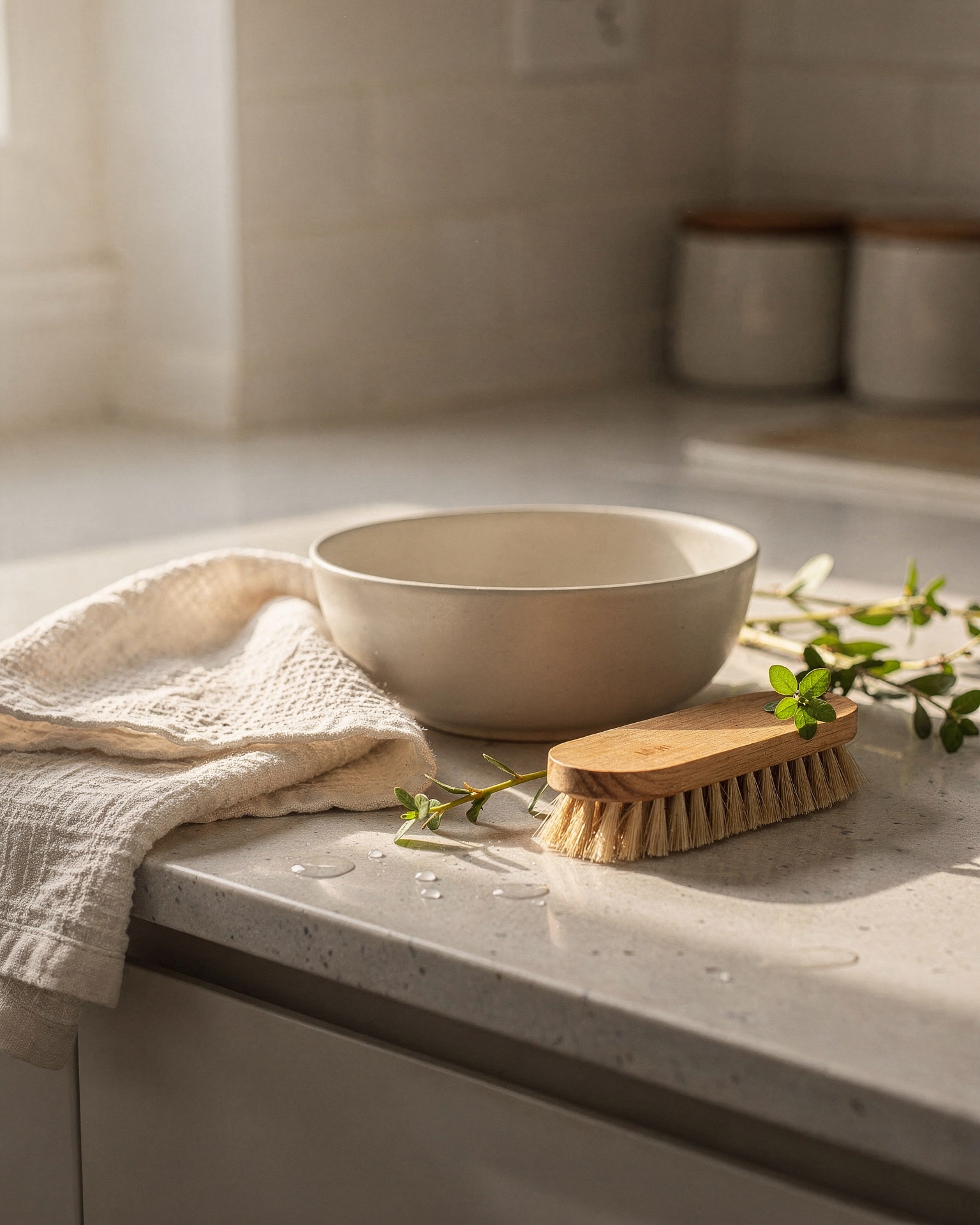 A sunlit neutral kitchen counter with a folded linen towel, ceramic bowl, and wooden brush, capturing a calm reset in progress.